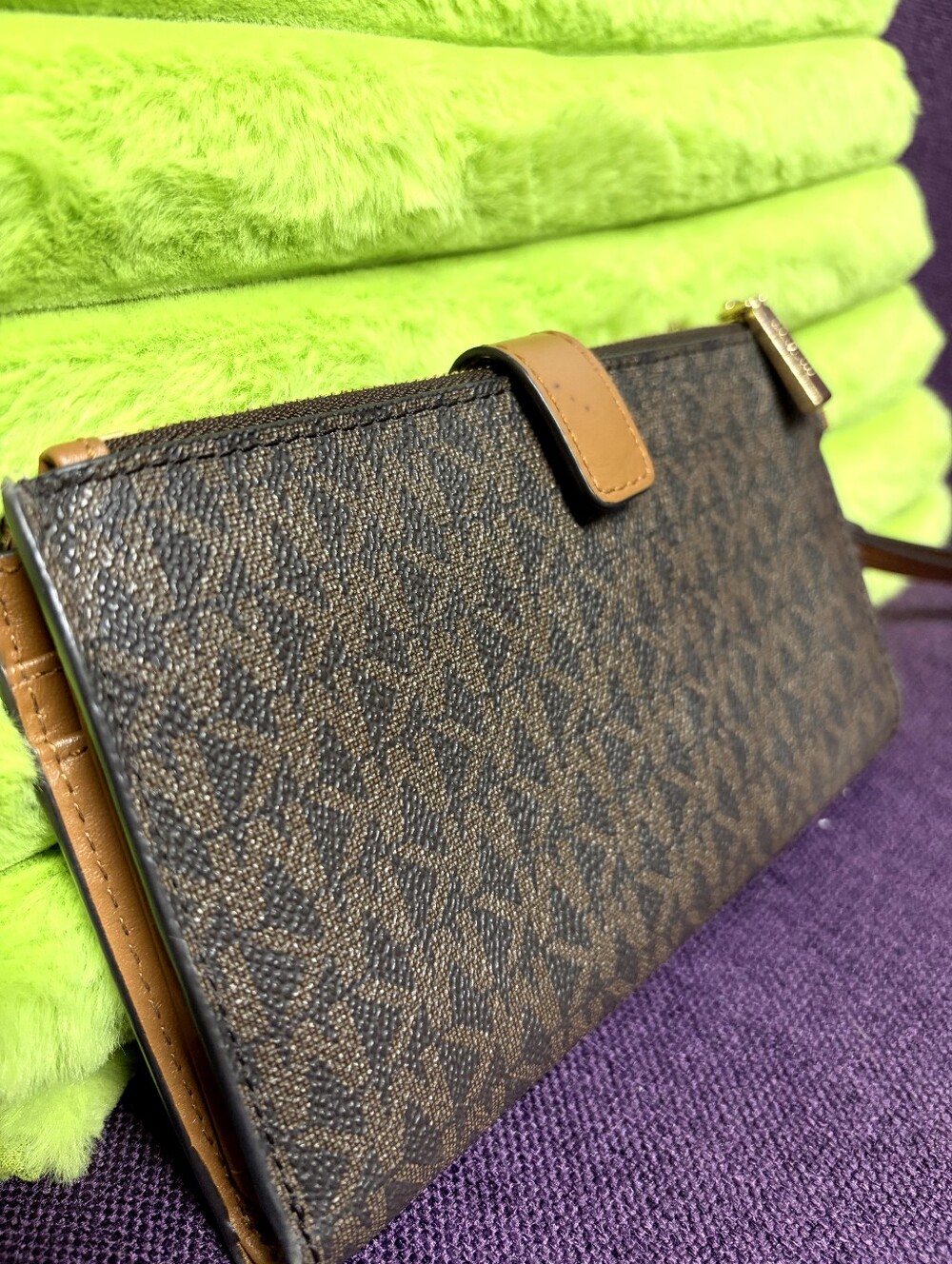 Michael Kors Brown Logo-Print Wristlet with Tan Leather Inside & Trim - Picture 4 of 5